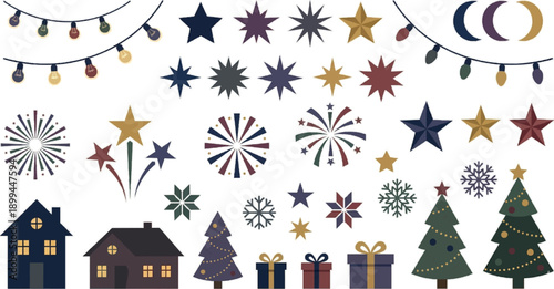 Star and snowflake icon set collection with various shapes bursts and decorative elements flat design