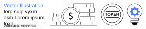 Cryptocurrency, financial technology, blockchain, innovation, digital assets, technology. Stacks of coins, token symbol light bulb with gear. Cryptocurrency and blockchain concept