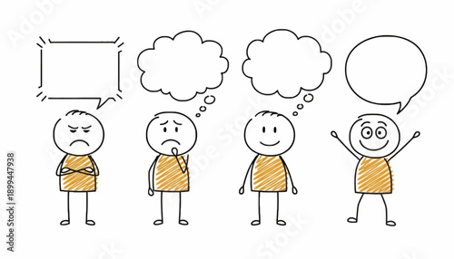 Four people expressing different emotions with thought bubbles