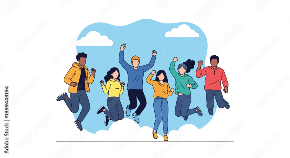 Fototapeta premium Diverse group of friends jumping happily together outdoors