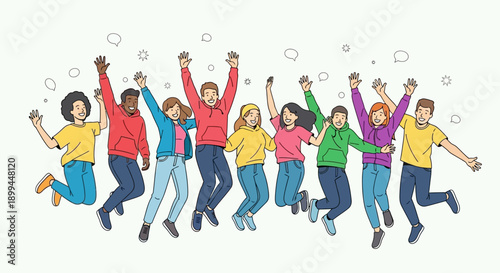 Diverse group of friends jumping and celebrating together happily