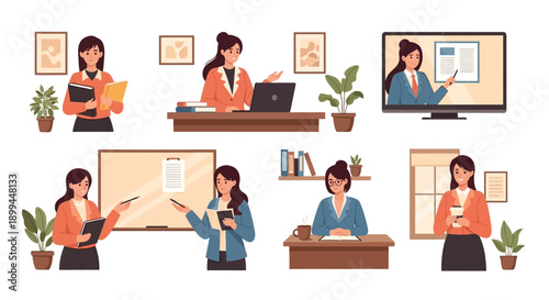 Professional woman engaging in various office activities with books and technology