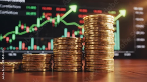 Stacks of golden coins with an increasing financial graph on background for investment and business growth in stock market analysis