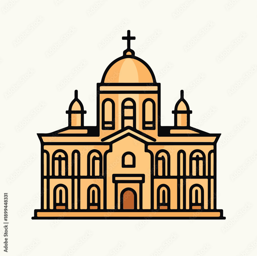Obraz premium Cathedral Building Cartoon Line Art – Black-and-White Illustration with Central Dome, Cross, Arched Windows, and Symmetrical Architecture
