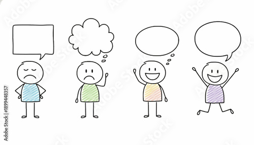 Stick figures expressing emotions with thought bubbles and speech bubbles