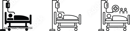 Hospital patient bed icons set featuring medical care treatment recovery monitoring symbols in outline and solid styles
