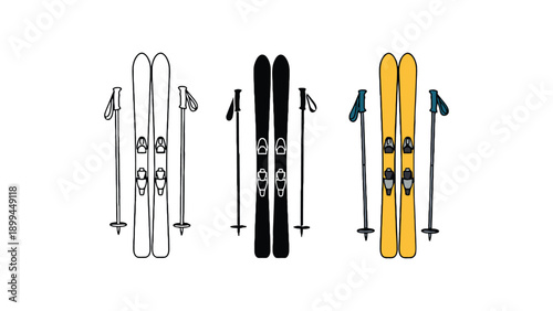 Different colored skis and ski poles on a white background