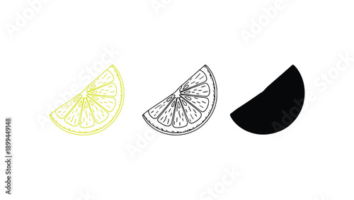 Three different style lemon wedges on white background