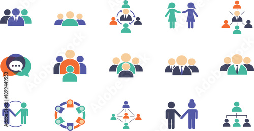 Community and Teamwork Icon Set with People Groups, Communication, Collaboration, Connection, and Social Network Symbols for HR, Education, and Business Designs