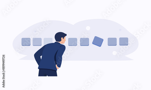 Flat vector illustration of a man critically reviewing digital elements and detecting potential issues. Concept of human oversight, error detection and critical thinking in automated environments.