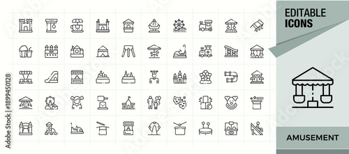 Amusement line icon set. Thin outline icons pack. Pack of recreation, fun, park, carnival. Editable stroke. Vector collection. Recreation icon pack.