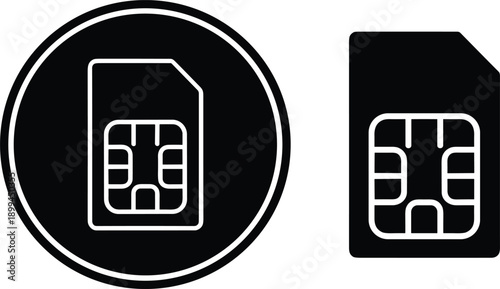 SIM card file icons set featuring mobile subscriber identity module symbols in circular and document styles for telecom
