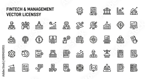 Fintech and Management Vector Icons: Finance, Business, Strategy, Technology