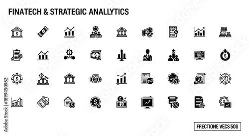 Fintech and Strategic Analytics Icons: Finance, Technology, Business, Data, Growth, Investment