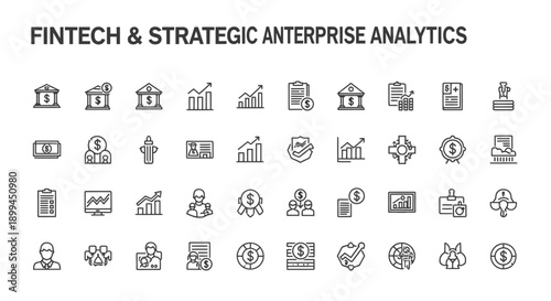 Fintech and Strategic Enterprise Analytics Icons: Finance, Business Growth, Data Analysis