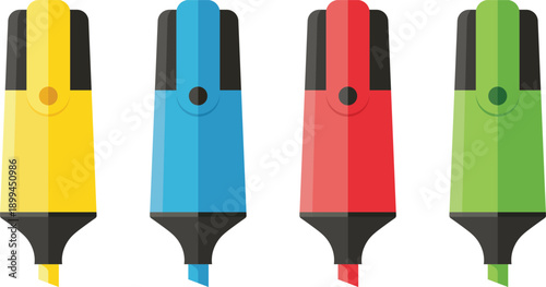 Four colorful flat highlighters yellow blue red green marker writing