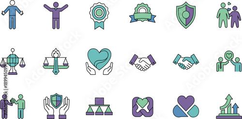Trust and Community Care Icon Set with Protection, Partnership, Support, Justice, Love, and Growth Symbols for Healthcare, Nonprofit, and Social Responsibility Designs