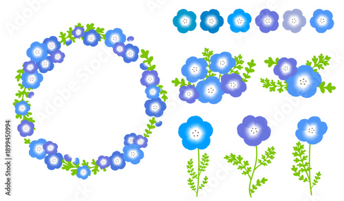 A design frame set adorned with illustrations of nemophila flowers./ ネモフィラの花のイラストで彩られたデザインフレームセット。