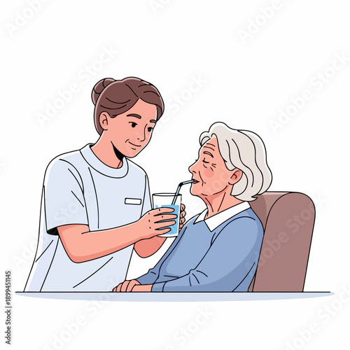 Professional senior care with nurse helping elderly woman drink water. Attentive senior care offers essential hydration support, ensuring patient comfort. Senior care concept for home healthcare,