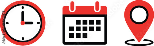 Red and black clock calendar and location pin on white background time date