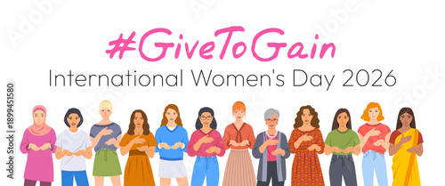 Give to Gain campaign pose. International Women's Day 2026. Diverse women demonstrate open palms giving gesture, with hand on their hearts to show generosity, collaboration and support for all women