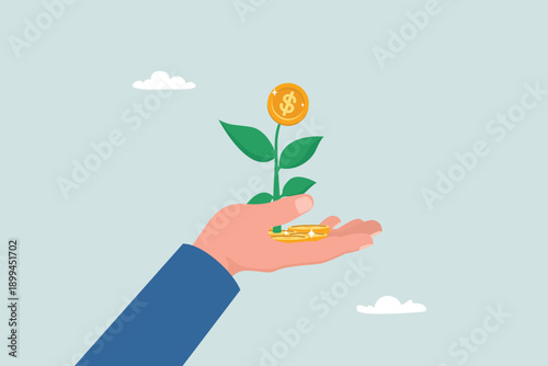 Investment growth, prosperity or getting more money from savings, the hands of an entrepreneur investor holding a money flower plant from a pile of coins.