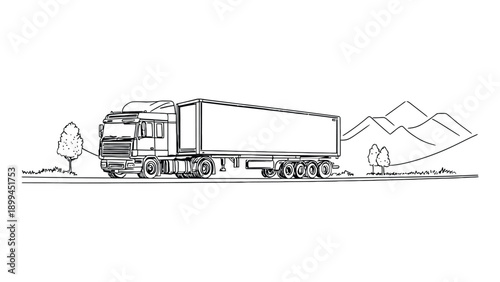A large truck driving down a scenic mountain road with trees