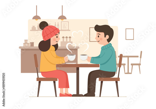 A young couple is sitting at a table in a cafe, enjoying a cup of coffee and each other's company. The woman is wearing a winter hat and a yellow sweater, while the man is wearing a blue sweater.