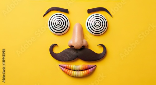 April fools' day prank face with swirly eyes and fake mustache