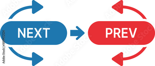 Blue and red rounded rectangles with text NEXT and PREV and circular arrows next prev