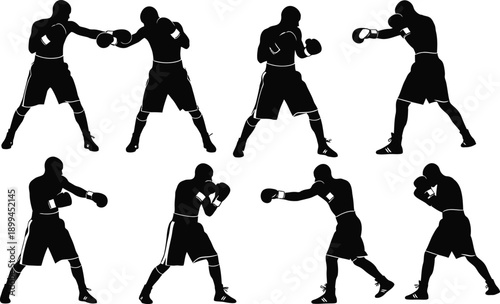 Boxers in various fighting stances and poses silhouettes in black on white background dynamic movements and actions