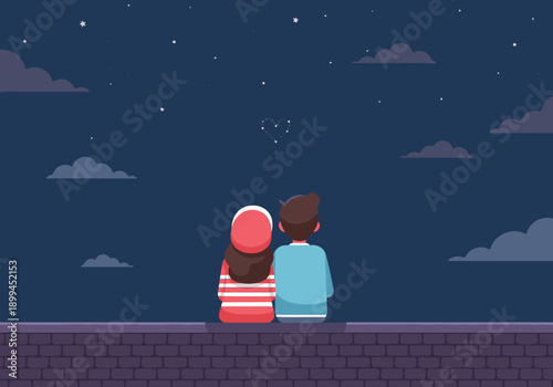 Illustration of a couple sitting together, looking up at the stars in the night sky. The scene evokes a sense of romance, peace, and shared wonder.