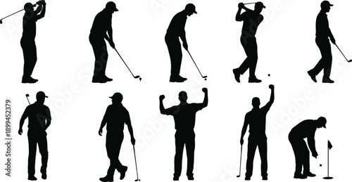 Golfers in various poses and swings on white background black silhouettes golfing actions and emotions