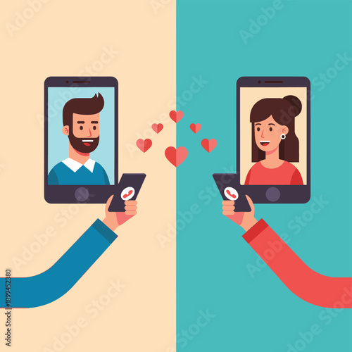 Illustration of a man and woman connecting through online dating apps, represented by their phone screens and heart symbols, symbolizing modern romance.