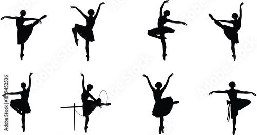 Silhouettes of ballet dancers in various poses on white background showcasing dance movements and elegance