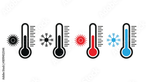Weather temperature icons with thermometers and sun snow symbols