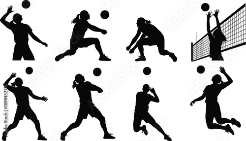 Black silhouettes of volleyball players in various dynamic poses actions and movements on a white background showcasing athleticism and teamwork