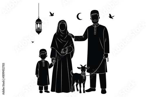 black silhouette of muslim family with kid and goat on eid aladha isolated on white background