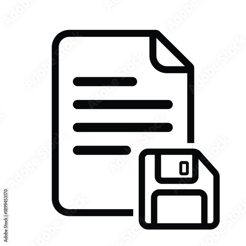 Minimal document save icon with floppy disk symbol. Clean black outline vector representing file storage, data saving, backup, and digital archive concepts for software interfaces and web applications