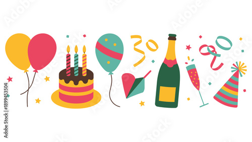 Colorful party objects for thirtieth birthday celebration on white background
