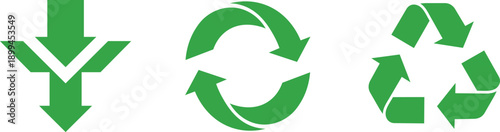 Three green arrows indicating recycling and downward movement on white background recycling symbol
