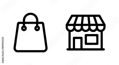 Shopping icons: shopping bag and store front, e-commerce symbols, outline design, black and white