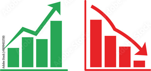 Green bar chart with upward arrow and red bar chart with downward arrow graph