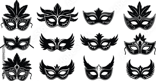Collection of black venetian masquerade masks on white background for party and carnival celebrations