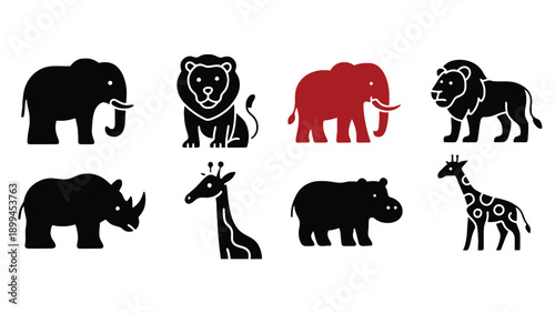 Black silhouettes of various wild animals on white background