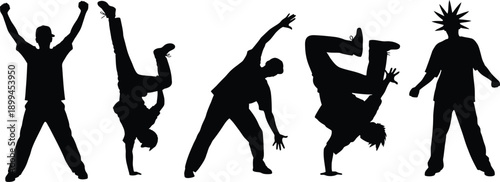 Silhouettes of five people performing various dance moves on white background conveying freedom and joy through dynamic poses