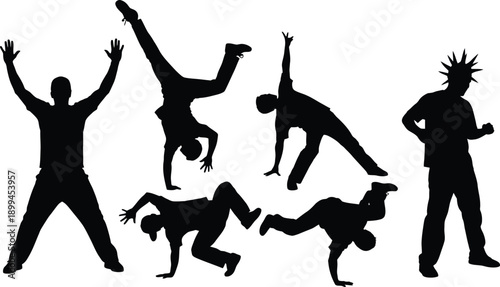 Silhouettes of six people dancing and performing breakdancing moves on white background with dynamic poses