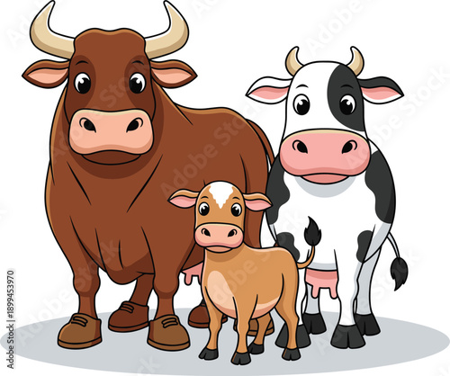 Farm Cattle Family with Bull, Cow and Calf Cute Cartoon Illustration Isolated on WhiteFarm Cattle Family with Bull, Cow and Calf Cute Cartoon Illustration Isolated on White
