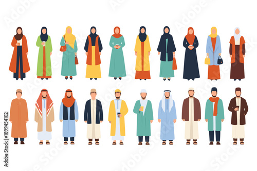 Diverse group of Muslim men and women in traditional Middle Eastern clothing standing in various colorful outfits and headscarves  isolated on white background