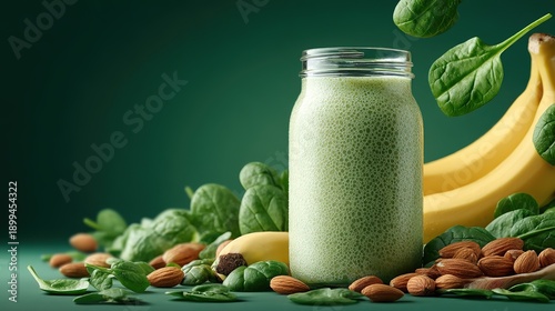 Spinach Banana Almond Smoothie Jar on Dark Green Background, Healthy Light Meal Closeup
